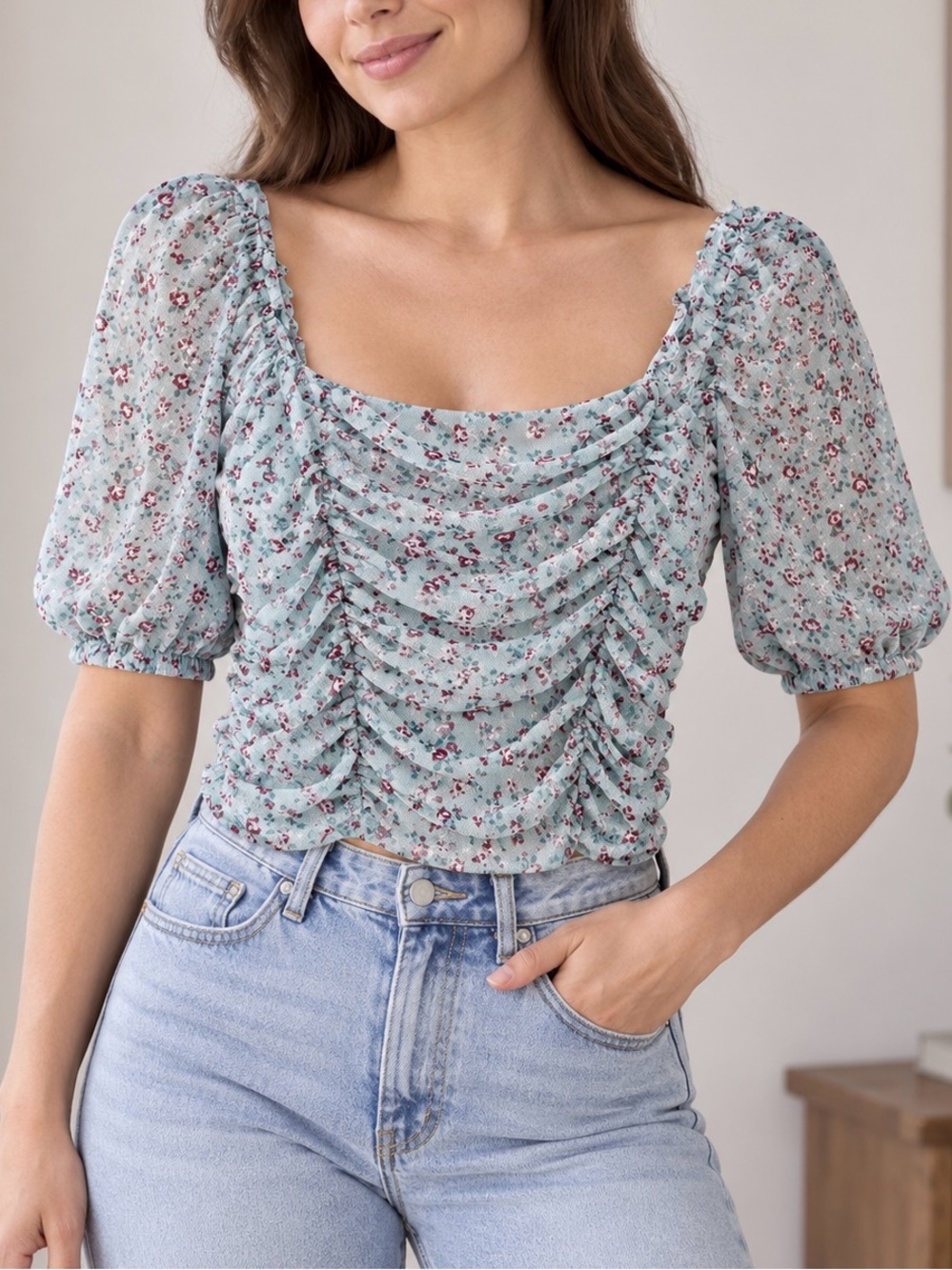 wild fable Blue Floral Ruched Puff Sleeve Blouse
